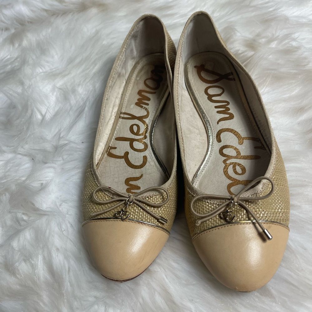Sam Edelman leather tan and beige Rafia slip on flats bow  accent size 8 - Picture 5 of 10